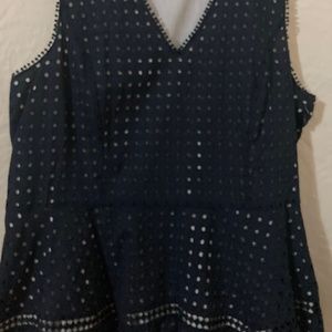 ANN TAYLOR Navy Blue sleeveless lined perforated v-neck peplum top skirt set